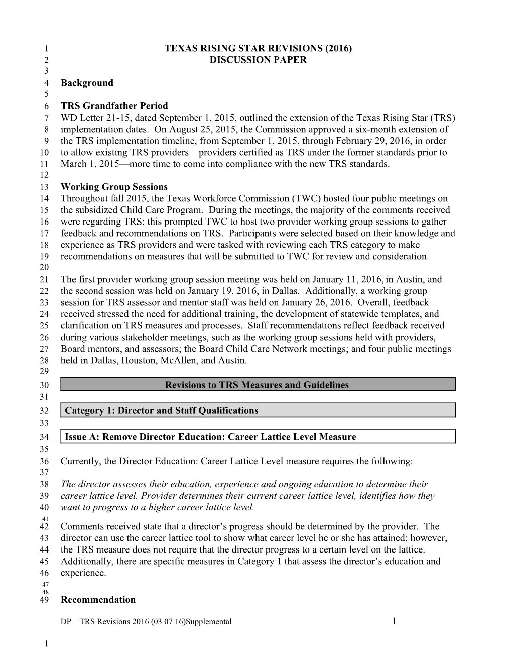 Commission Meeting Materials March 9, 2016 10:00 A.M. - Revisions to the Texas Rising Star