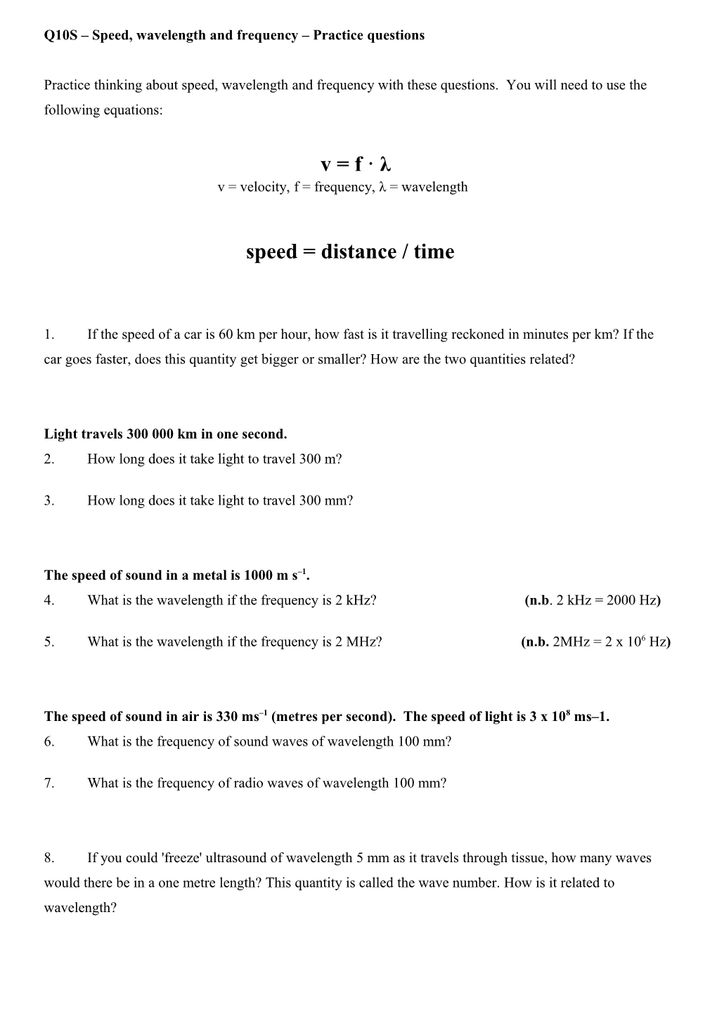 Speed, Wavelength and Frequency Practice Questions