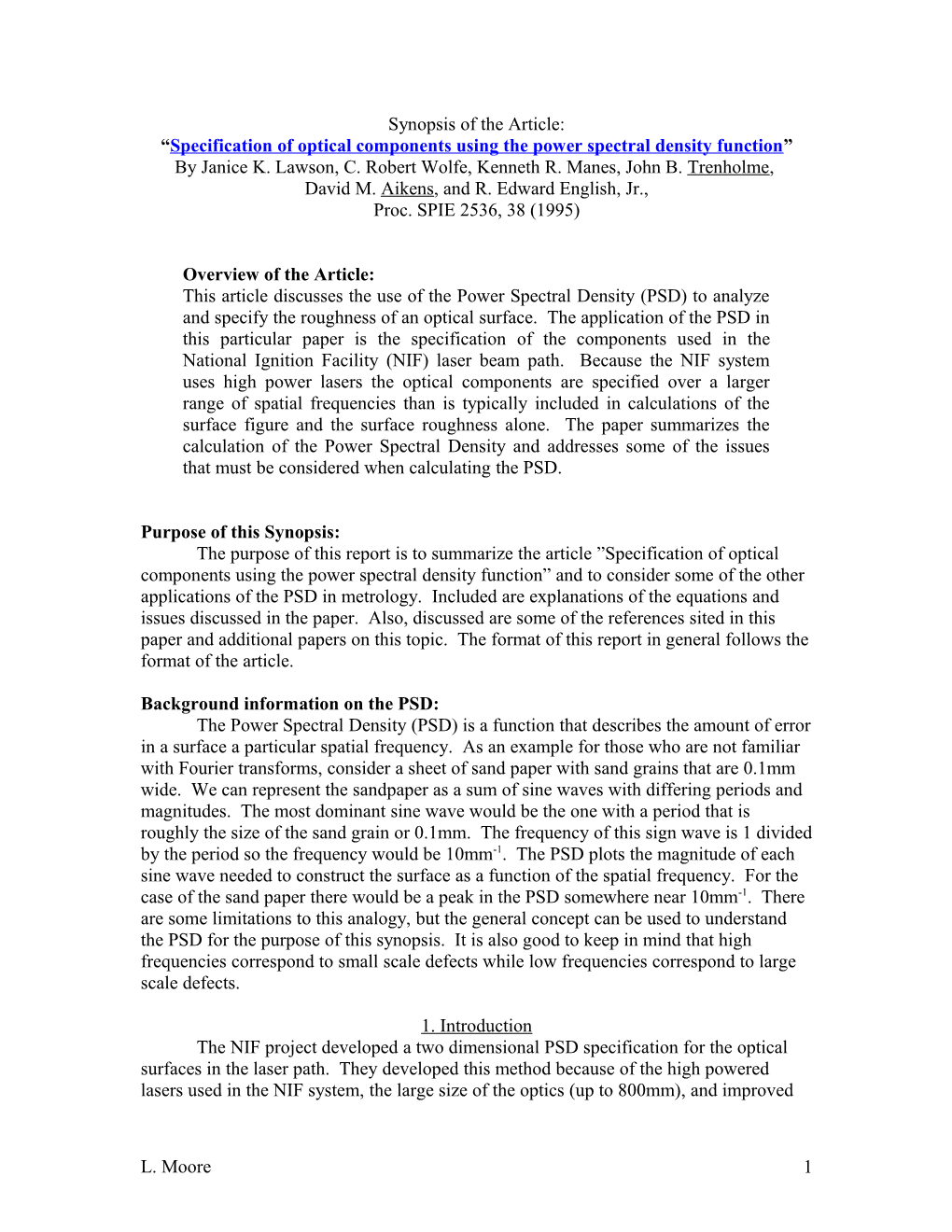 Specification of Optical Components Using the Power Spectral Density Function