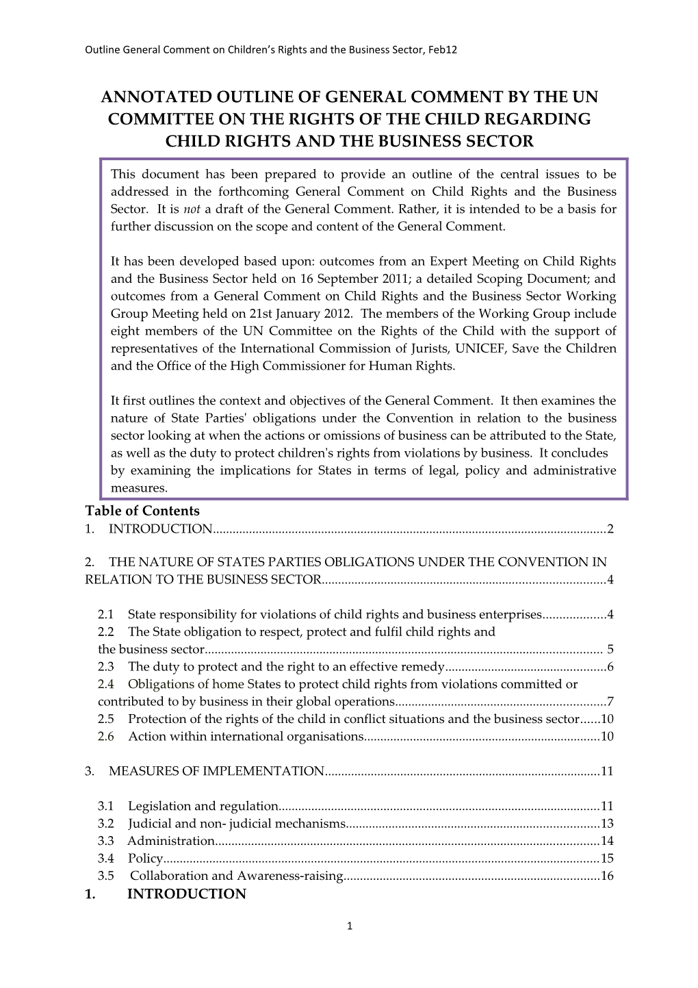Annotated Outline of General Comment by the Un Committee on the Rights of the Child Regarding