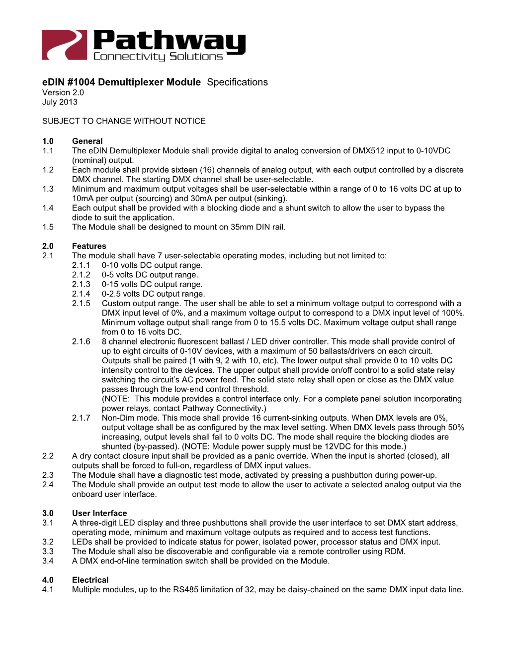 Edin #1004 Demultiplexer Module Specifications