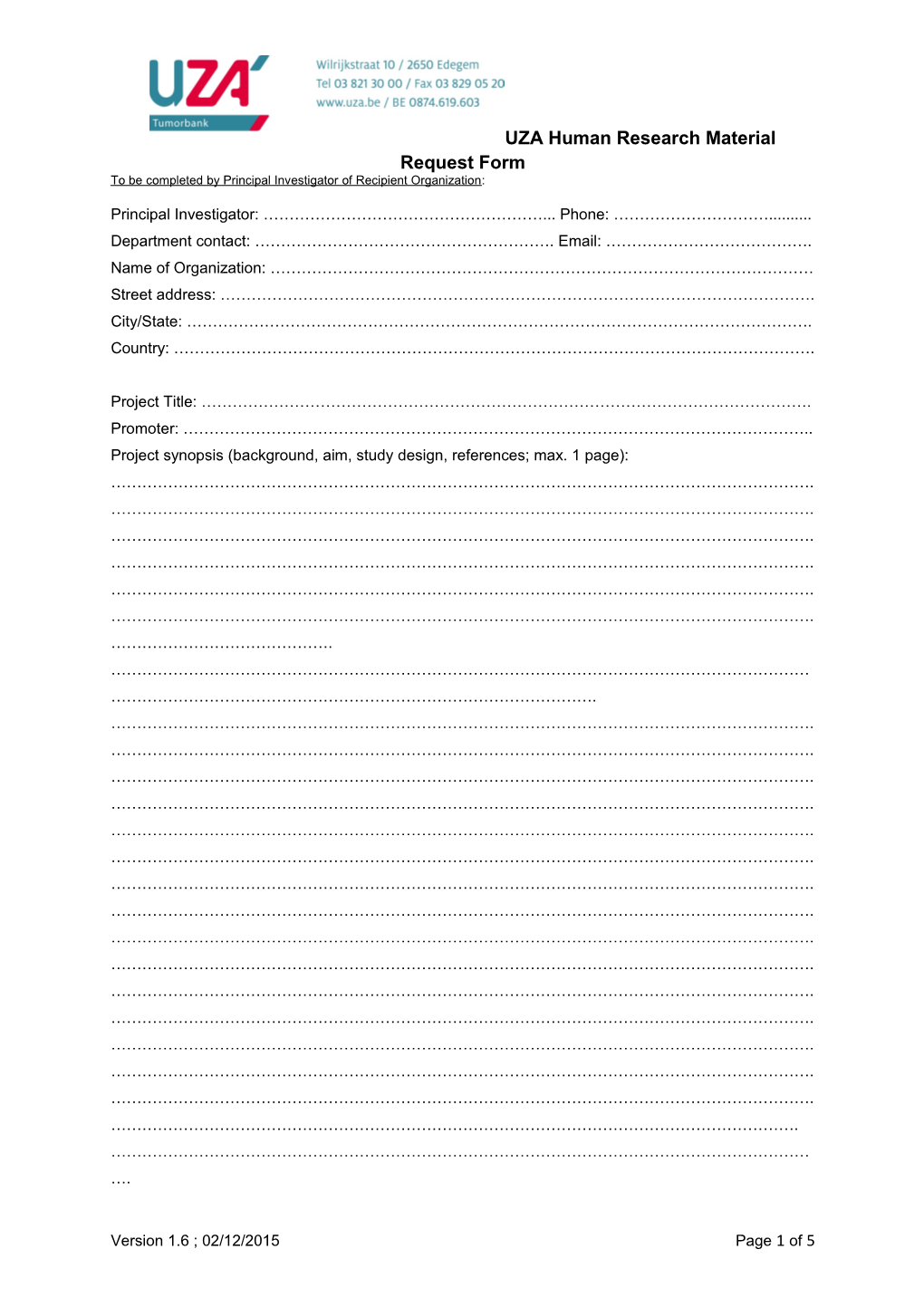 UZA Human Research Material Request Form