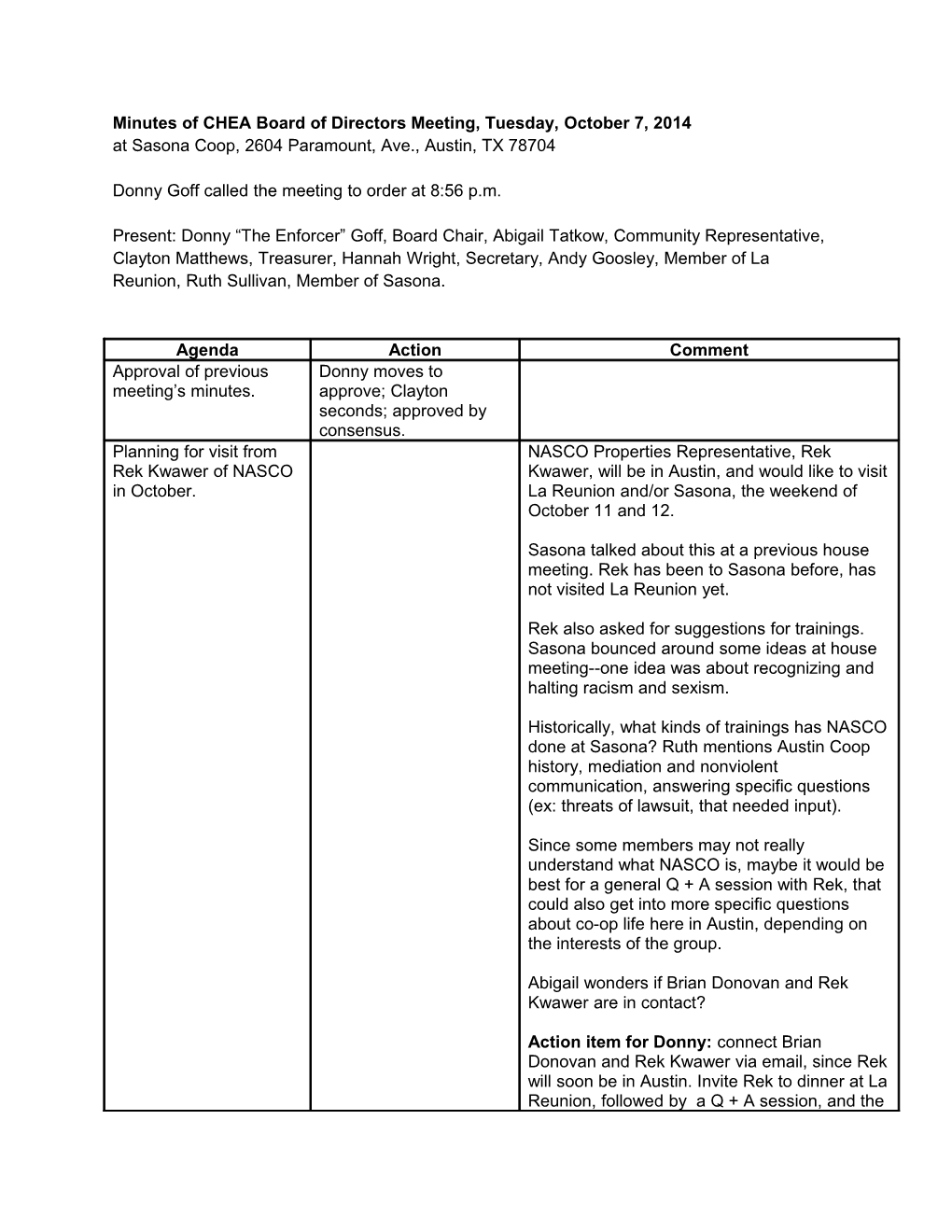 CHEA Minutes of 10.07.14 / Agenda for 10.21.14