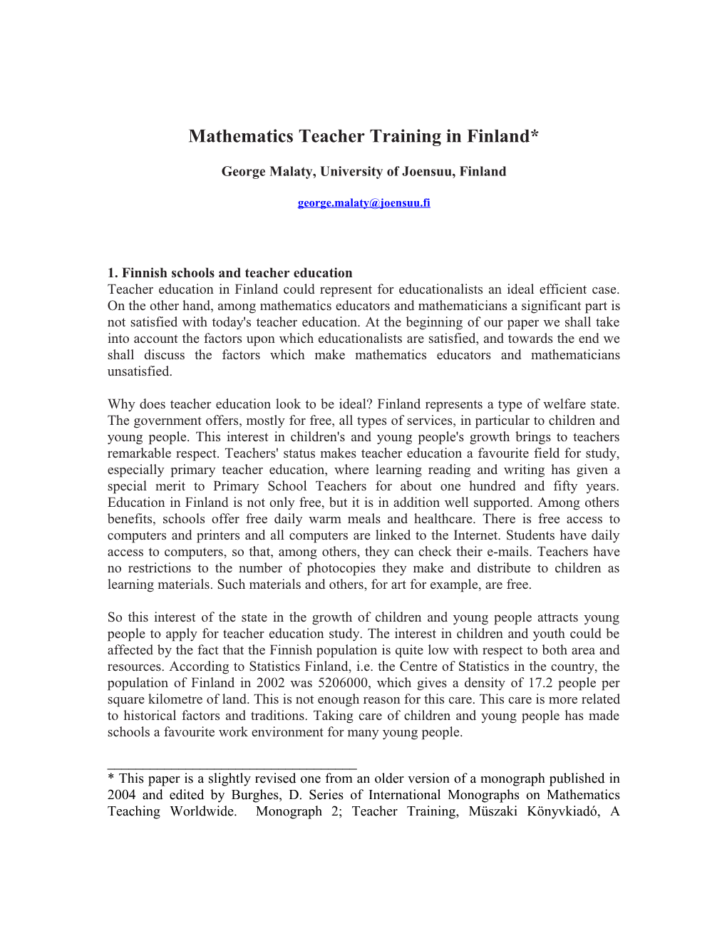 Mathematics Teacher Training in Finland