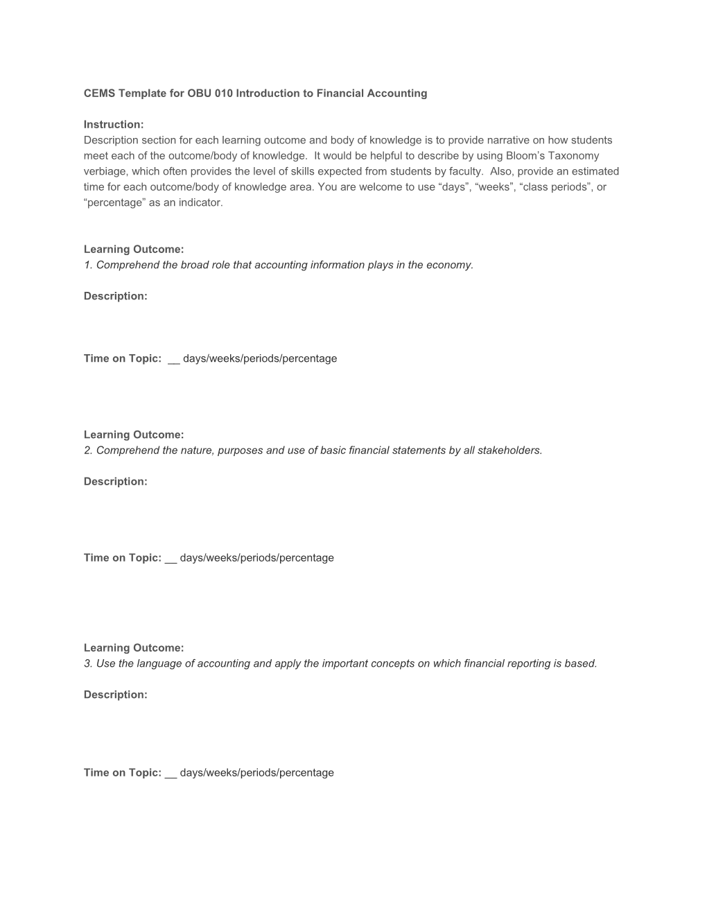 CEMS Template for OBU 010 Introduction to Financial Accounting