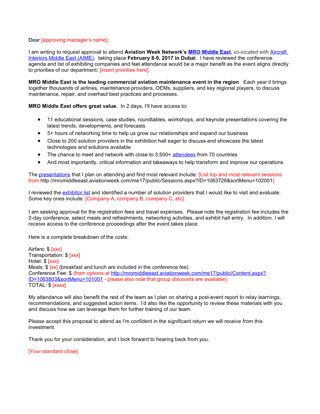 MRO Middle East 2015 Attendance Justification Letter