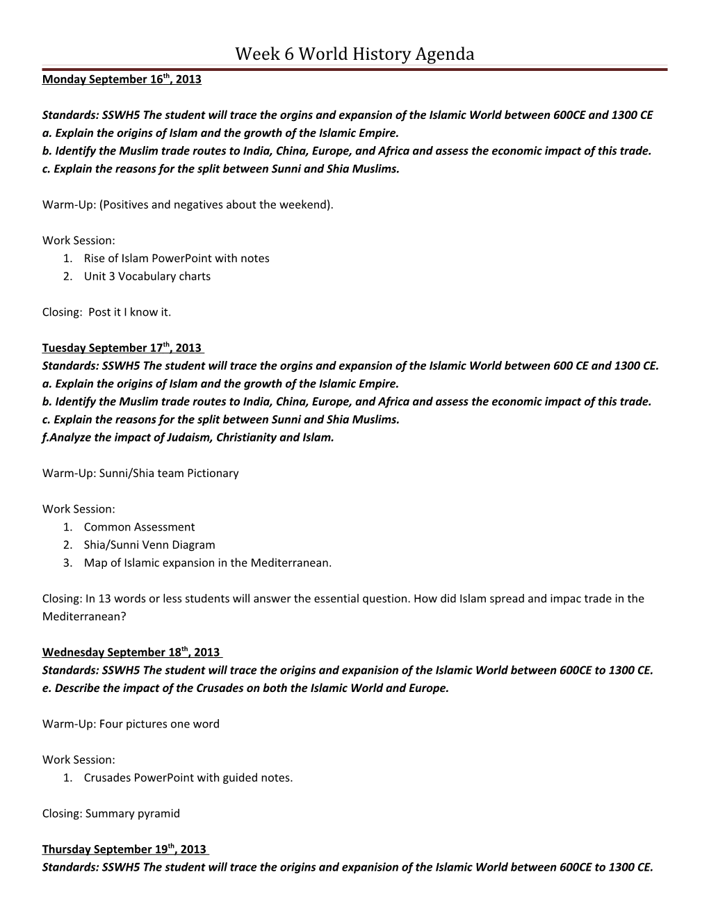 Week 6 World History Agenda