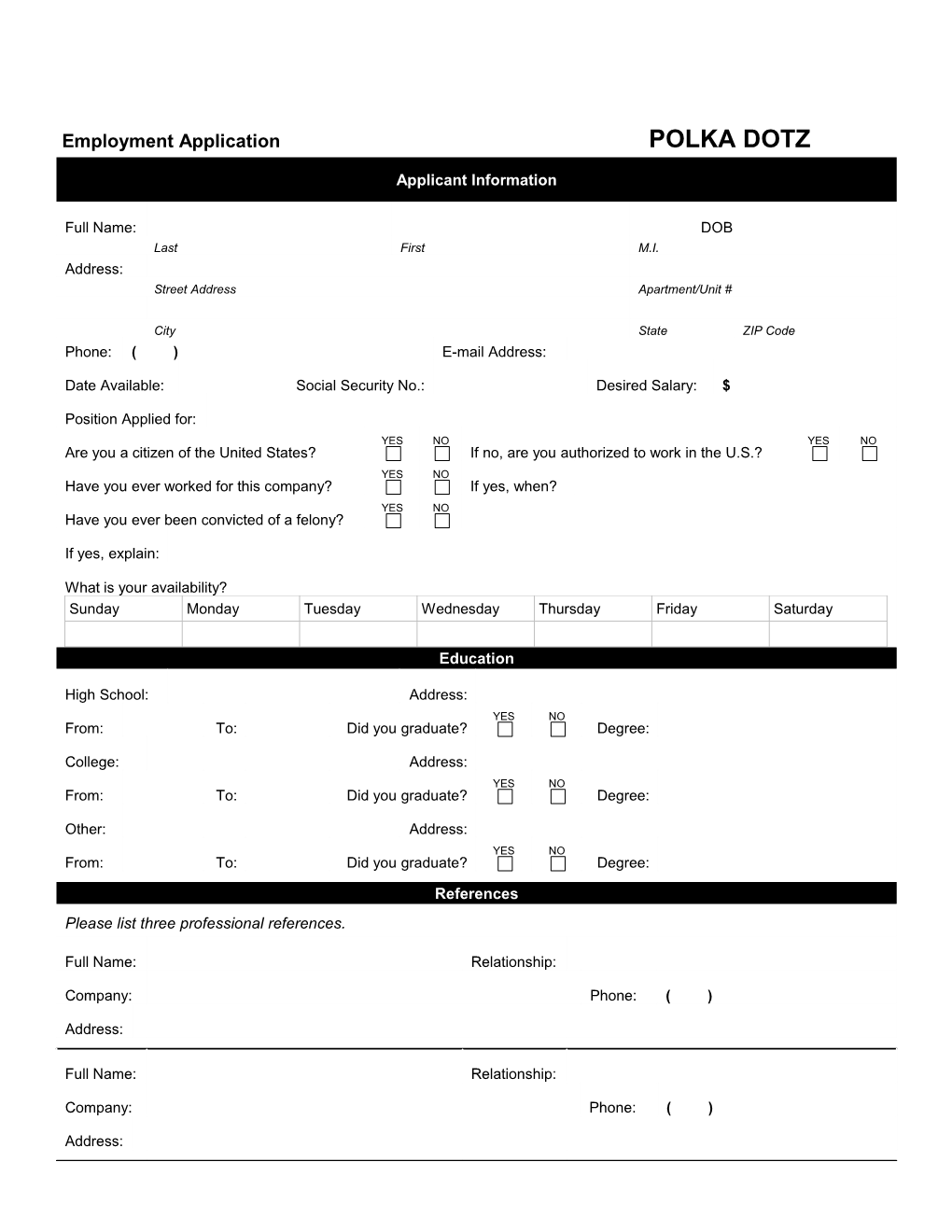 Employment Application POLKA DOTZ