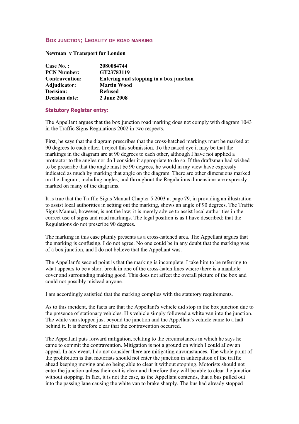 Box Junction; Legality of Road Marking