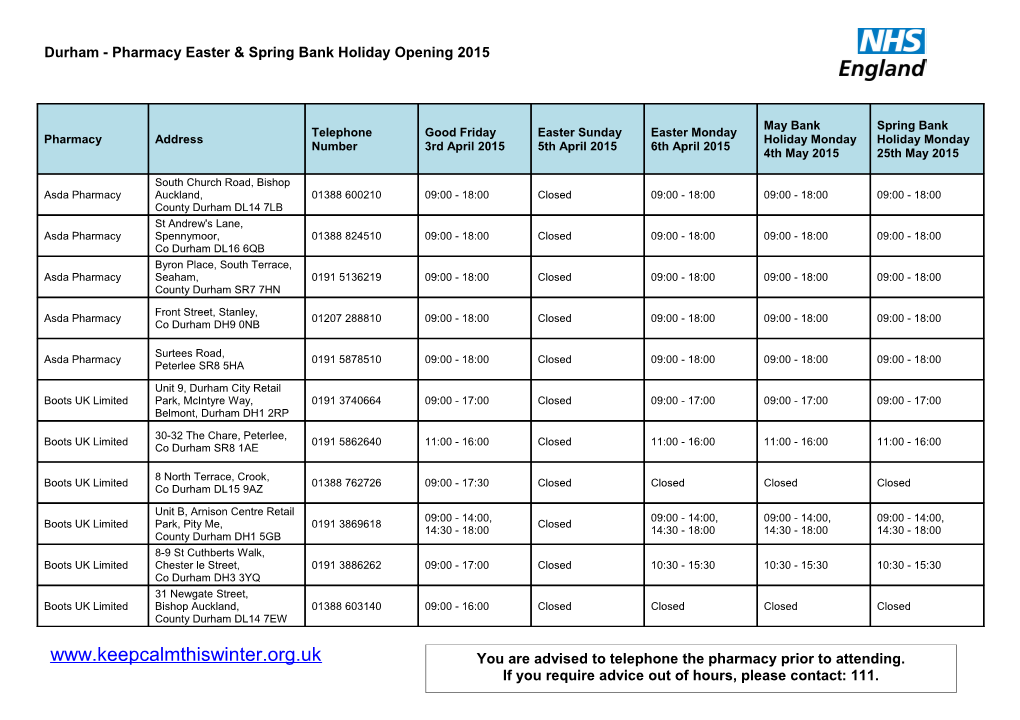 Durham- Pharmacy Easter & Spring Bank Holiday Opening 2015