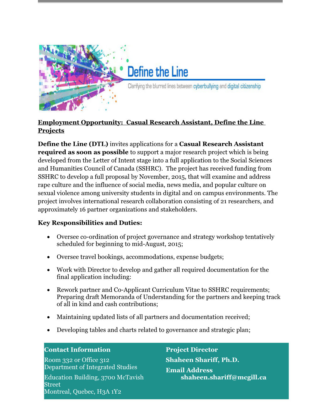 Employment Opportunity: Casual Research Assistant, Define the Line Projects
