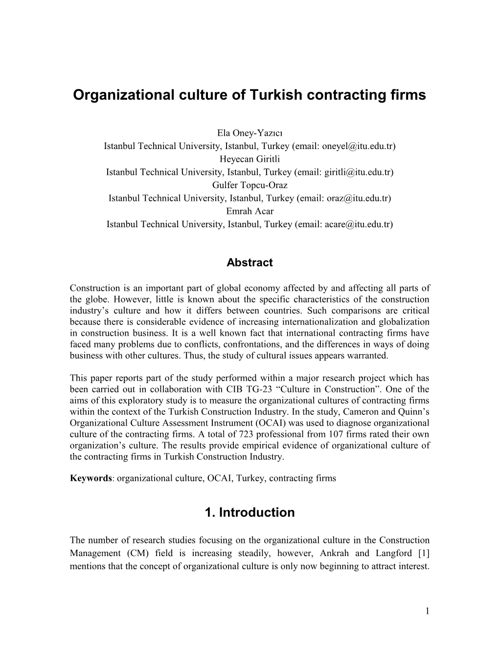 Organizational Culture of Turkish Contracting Firms