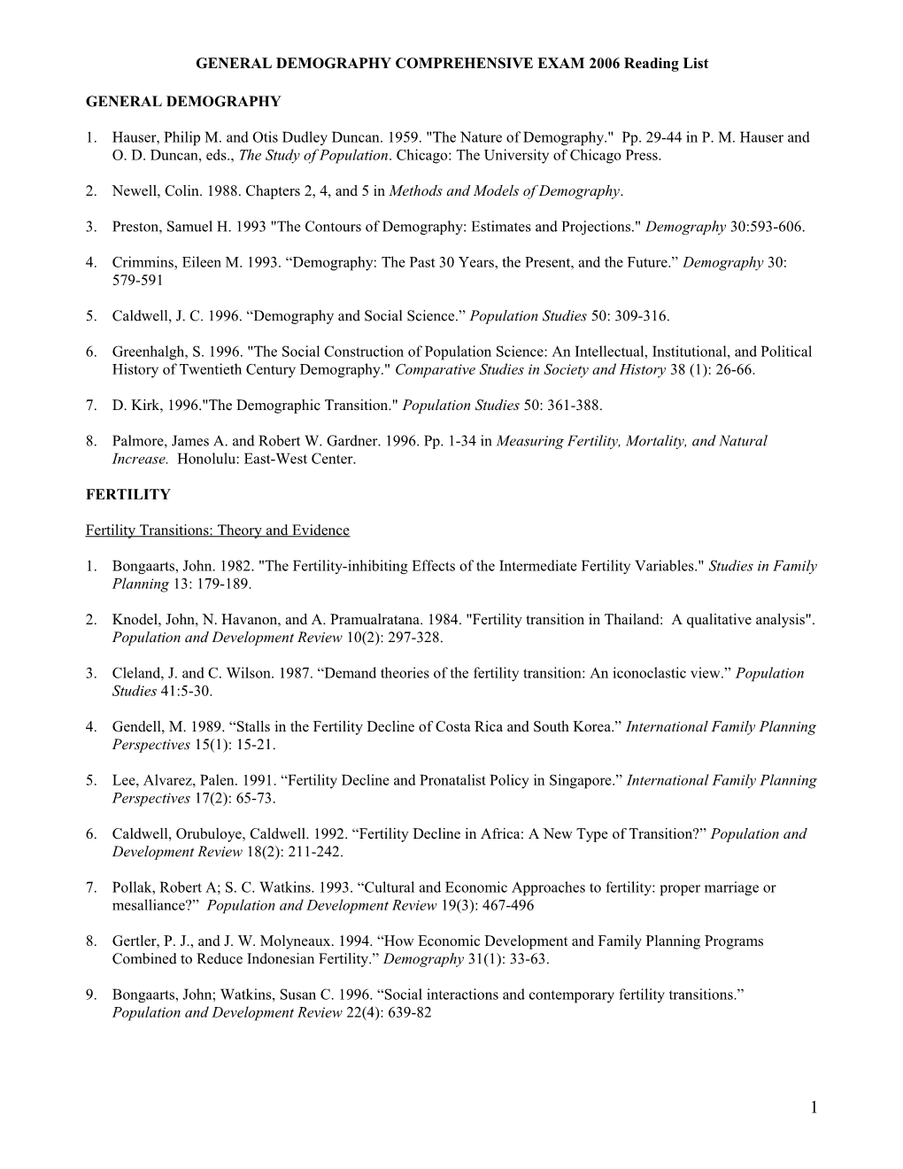 GENERAL DEMOGRAPHY COMPREHENSIVE EXAM2006 Reading List