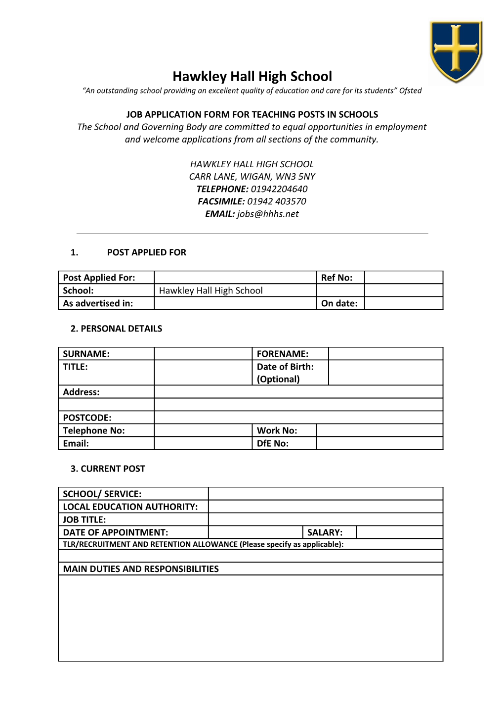 Job Application Form for Teaching Posts in Schools