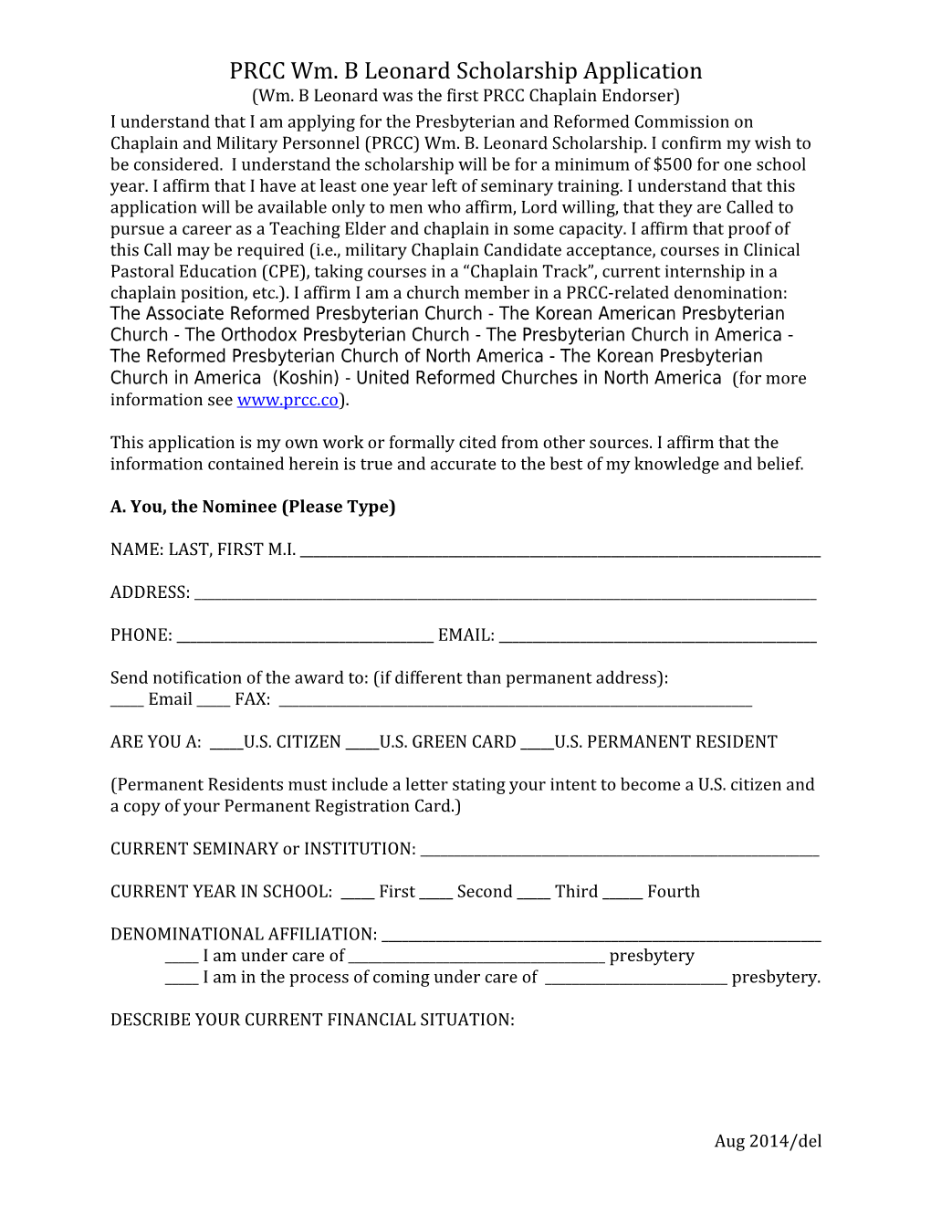 PRCC Wm. B Leonard Scholarship Application