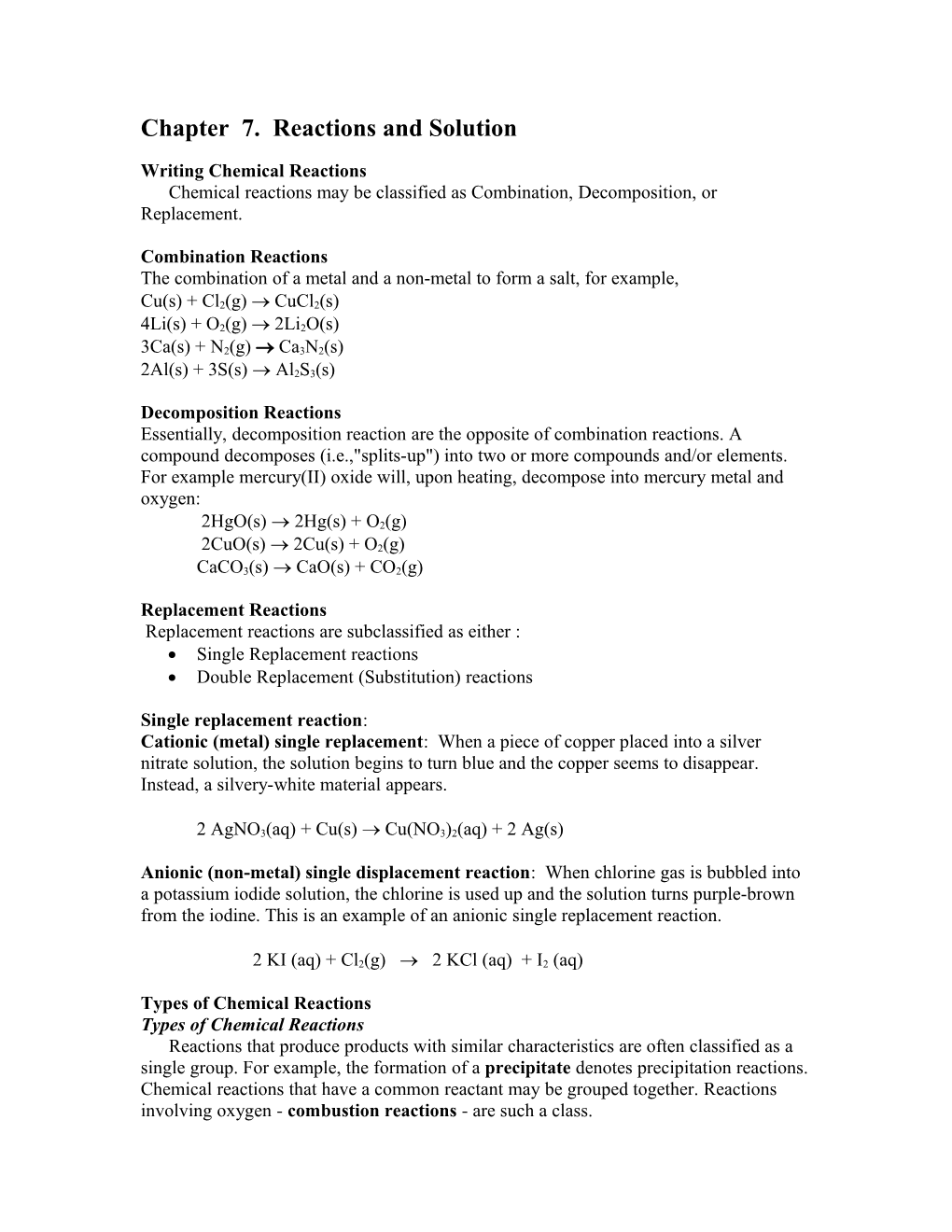 Chapter 7. Reactions and Solution