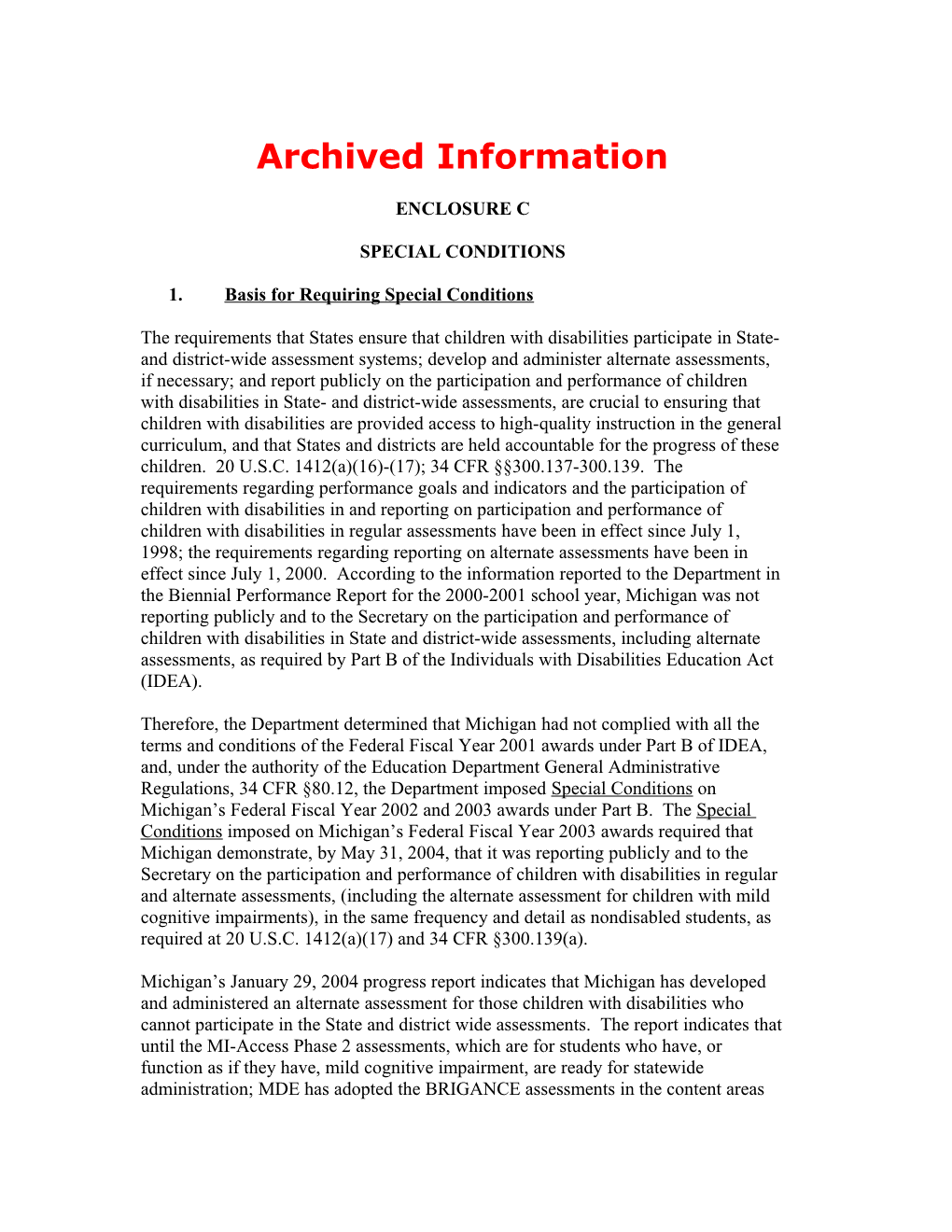 Archived Information: 2004 Michigan Individuals with Disabilities Education Act (IDEA)