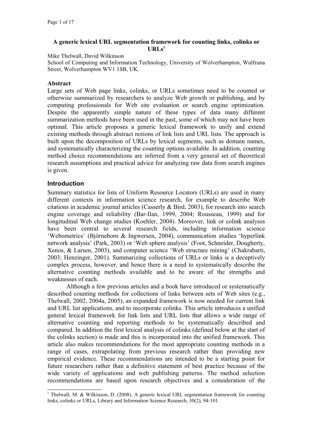 A Generic Lexical URL Segmentation Framework for Counting Links, Colinks Or Urls