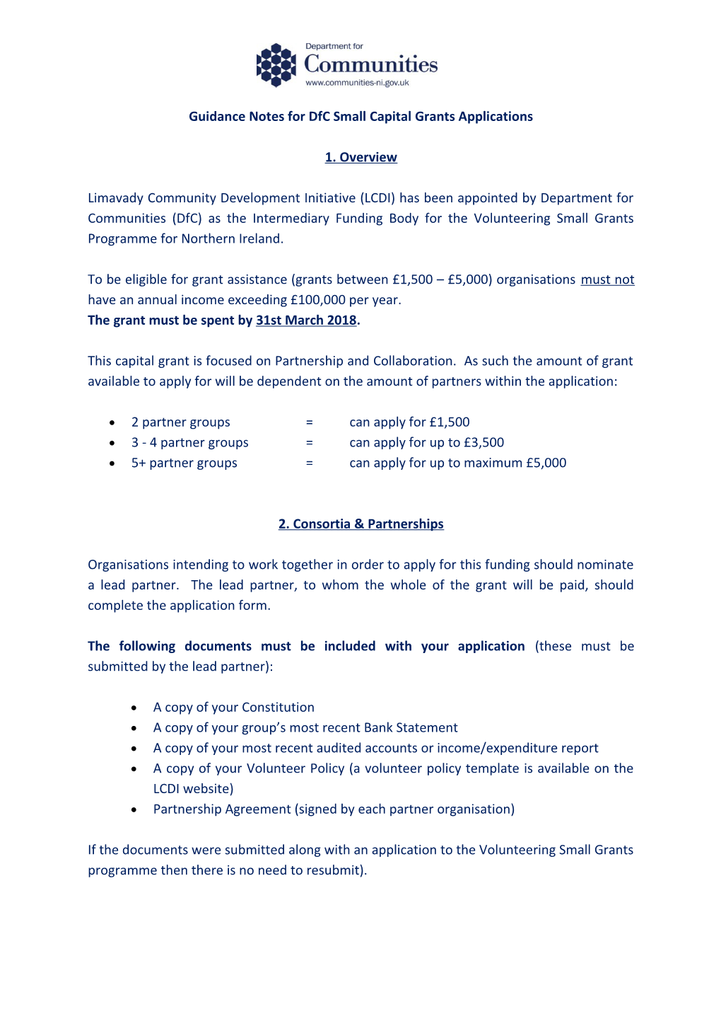 Guidance Notes for Dfc Small Capital Grants Applications