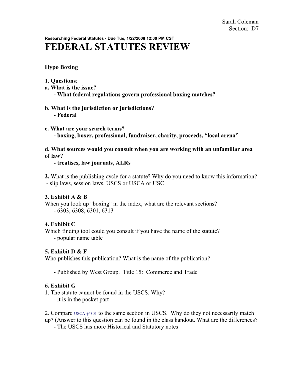 Researching Federal Statutes - Due Tue, 1/22/2008 12:00 PM CST