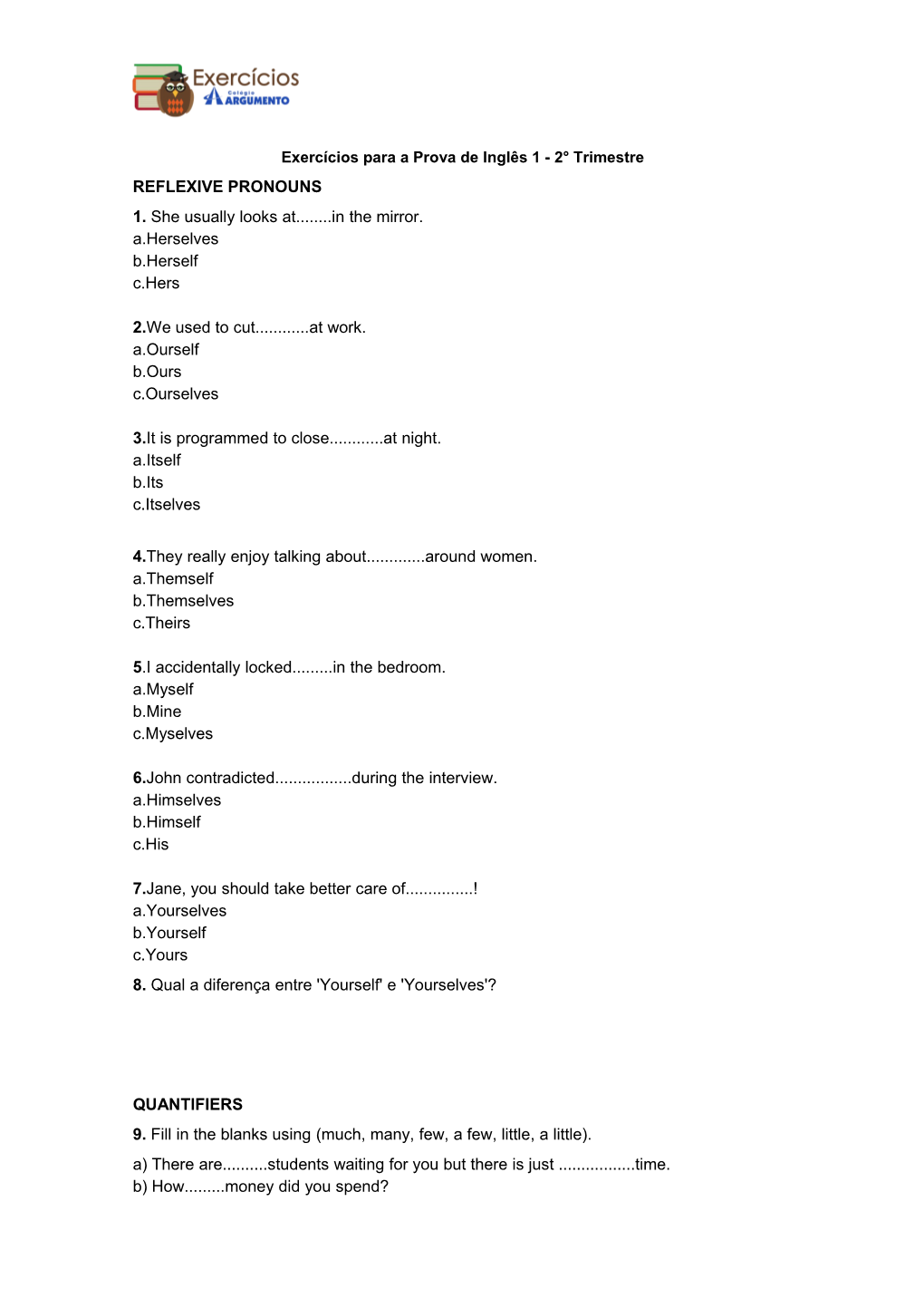 Exercícios Para a Prova De Inglês 1 - 2 Trimestre