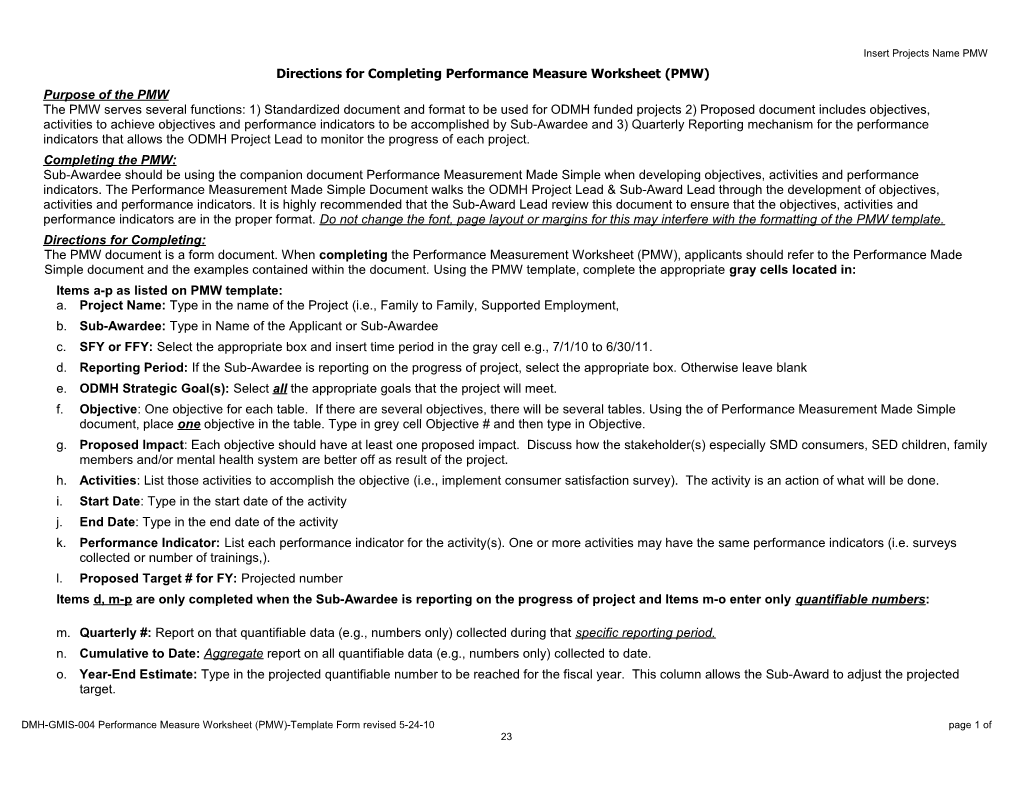 Performance Measurement Worksheet