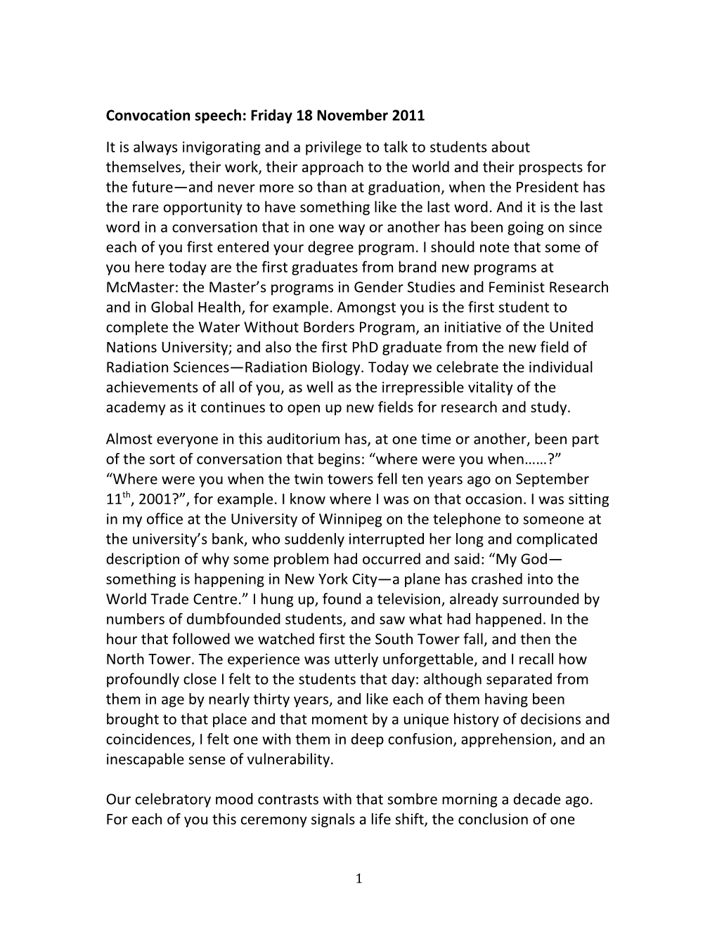 Convocation Speech: Friday 18 November 2011