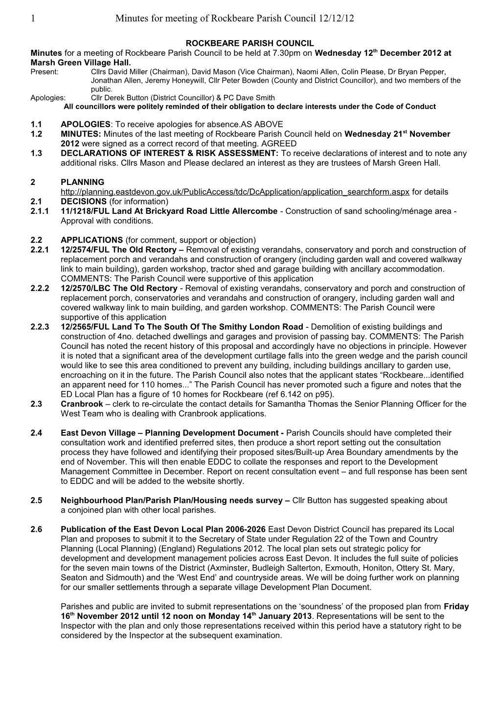 1 Minutes for Meeting of Rockbeare Parish Council 12/12/12