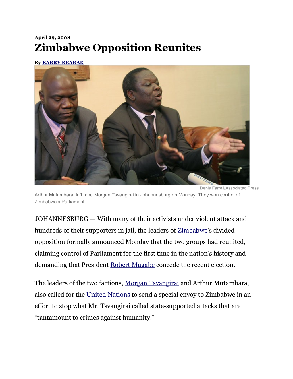 Zimbabwe Opposition Reunites