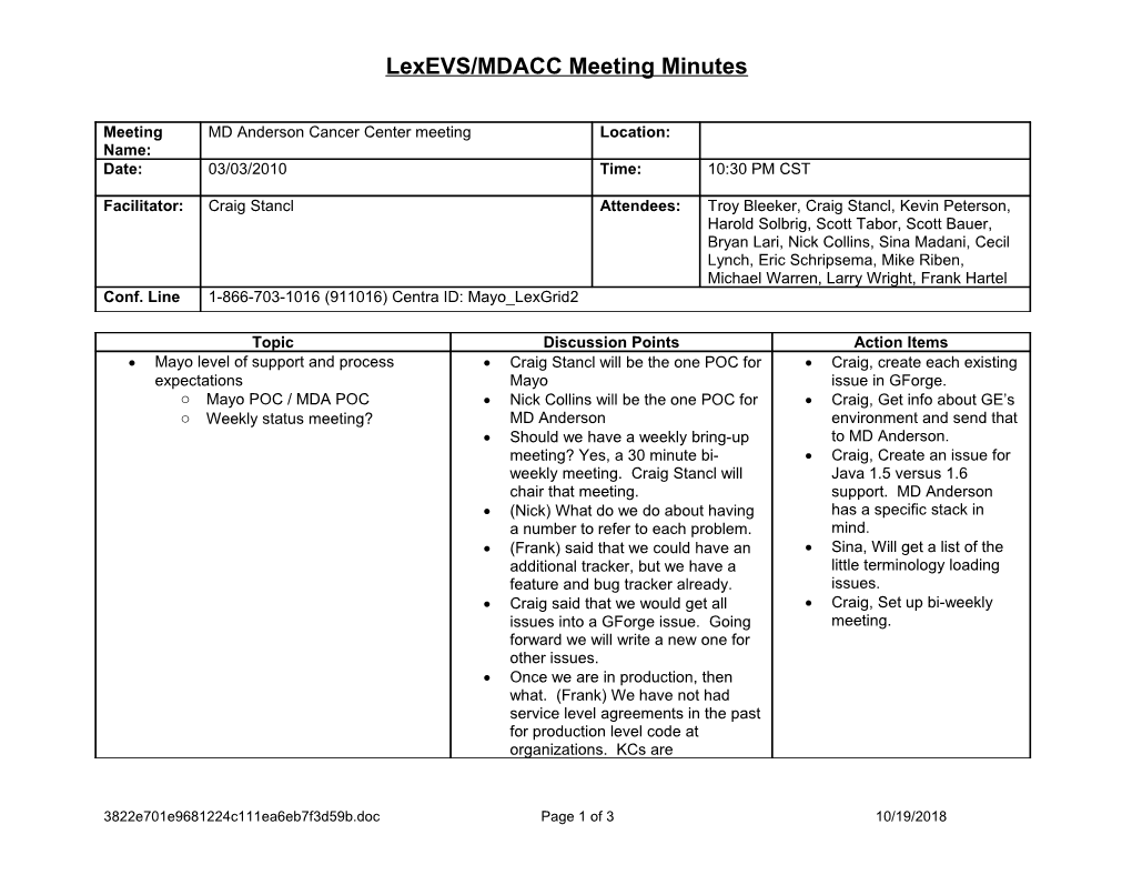 Lexevs/MDACC Meeting Minutes