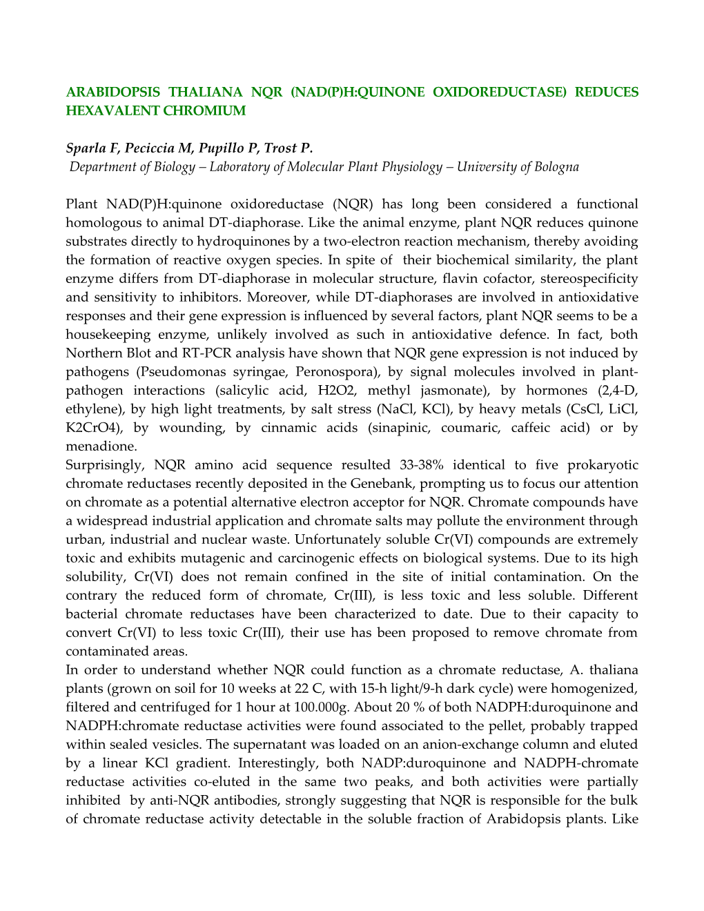 Arabidopsis Thaliana Nqr (Nad(P)H:Quinone Oxidoreductase) Reduces Hexavalent Chromium