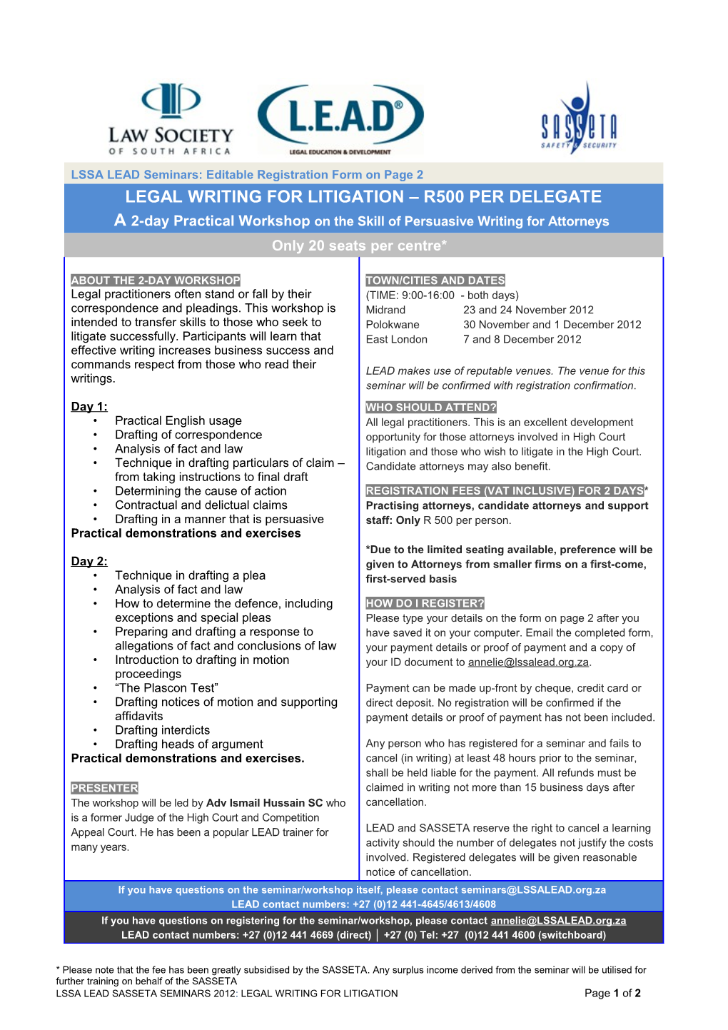 LSSA LEAD SEMINARS 2012: NEW MAGISTRATES COURT PROCEDURE Page 1 of 3