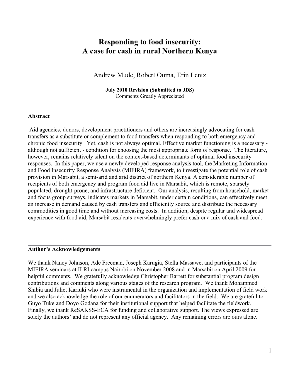 Advancing the Case for Cash As a Means to Respond to Food Insecurity: Applications in Rural