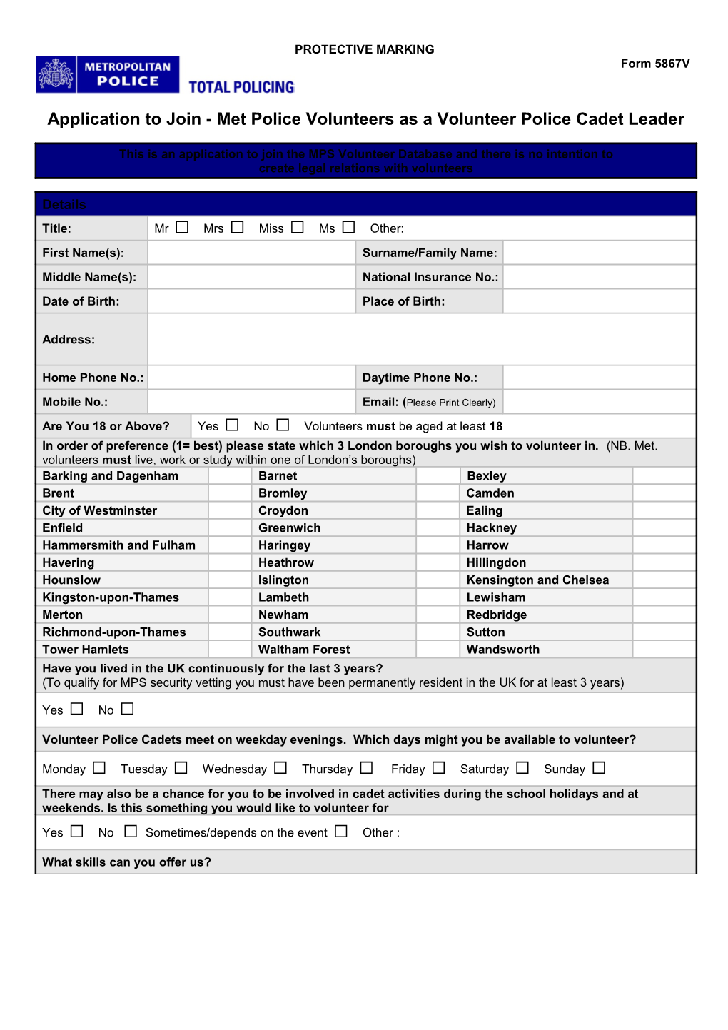 Form 5867V - Application to Join - Met Police Volunteers As Police Cadet Leader