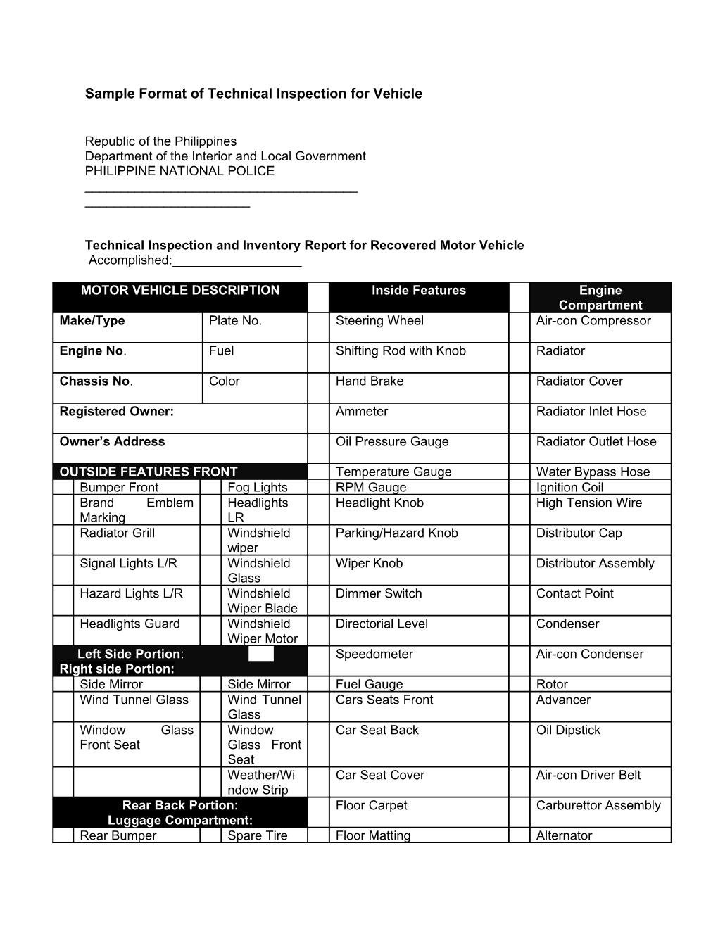 Sample Format of Technical Inspection for Vehicle