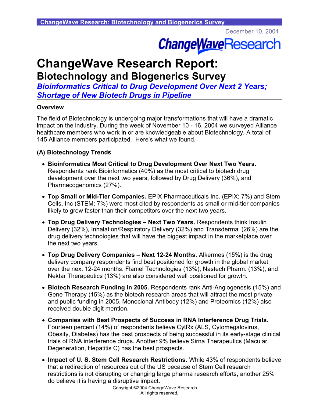 Changewave Research: Biotechnology and Biogenerics Survey