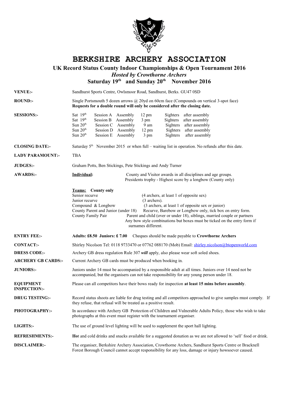 Berkshire Indoor Championship Entry Form