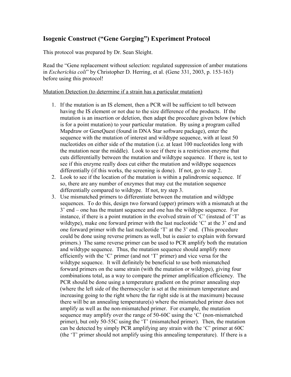 Genetic Reconstruction ( Gene Gorging ) Experiment Protocol