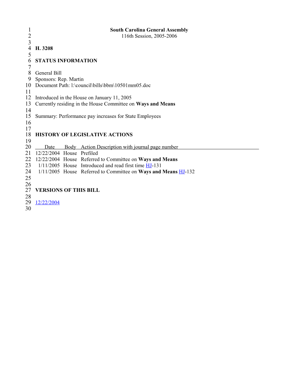 2005-2006 Bill 3208: Performance Pay Increases for State Employees - South Carolina Legislature