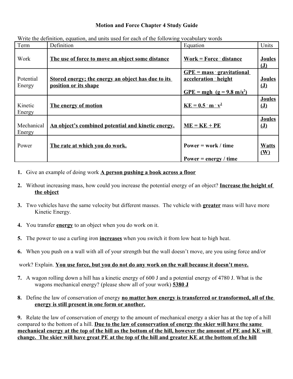 Motion and Force Chapter 4 Study Guide