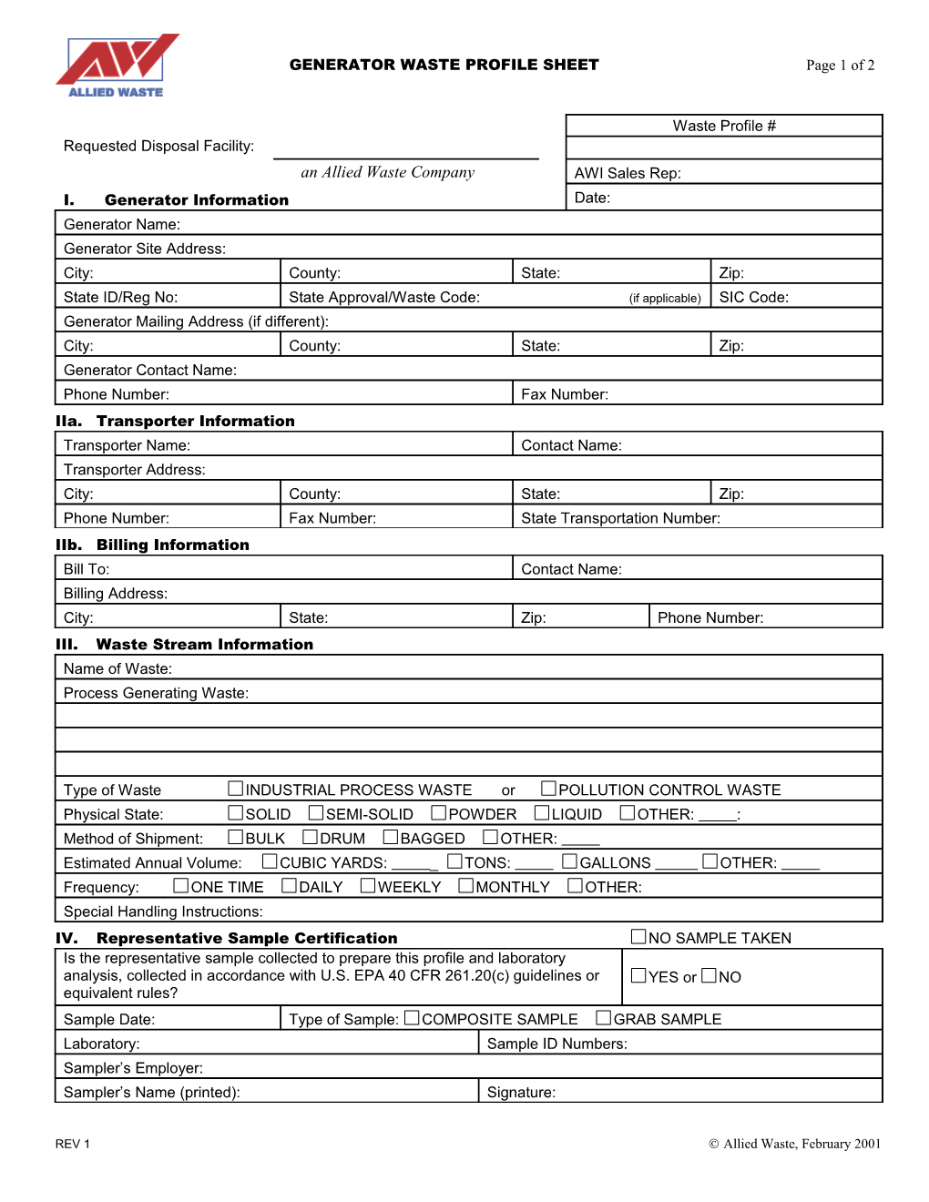 GENERATOR WASTE PROFILE Sheetpage 1 of 2