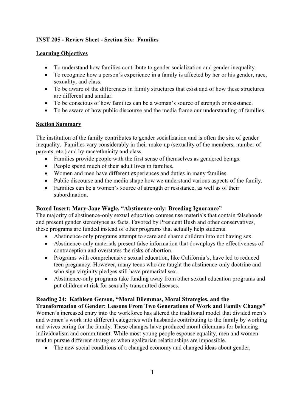 INST 205 - Review Sheet - Section Six: Families