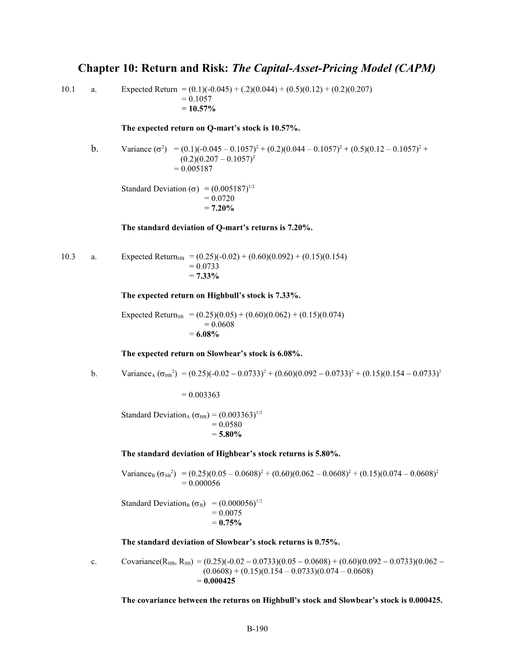 Chapter 10: Return and Risk: the Capital-Asset-Pricing-Model (CAPM)