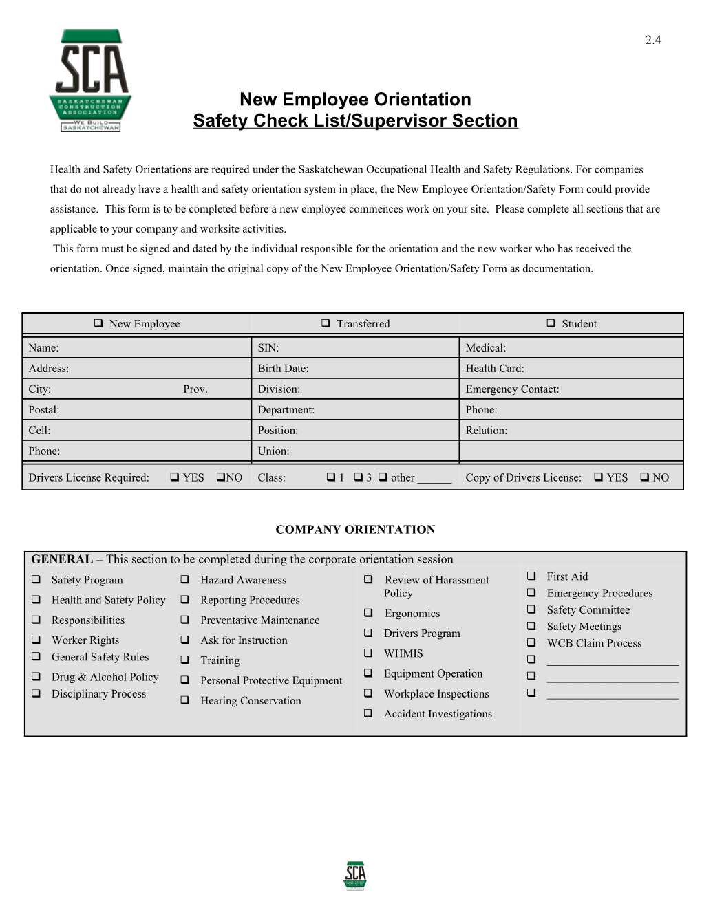 Safety Check List/Supervisor Section