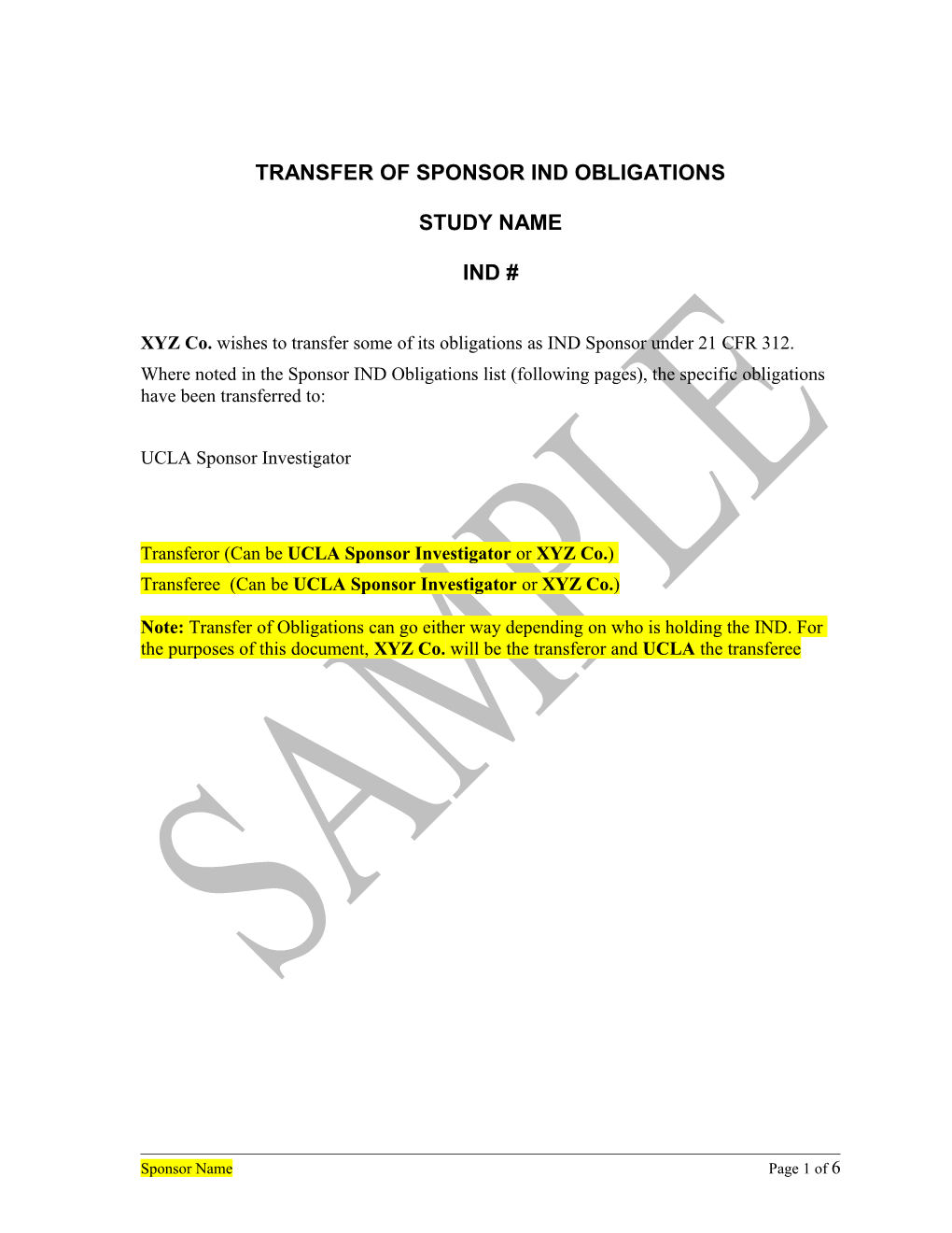 Transfer of Sponsor Ind Obligations