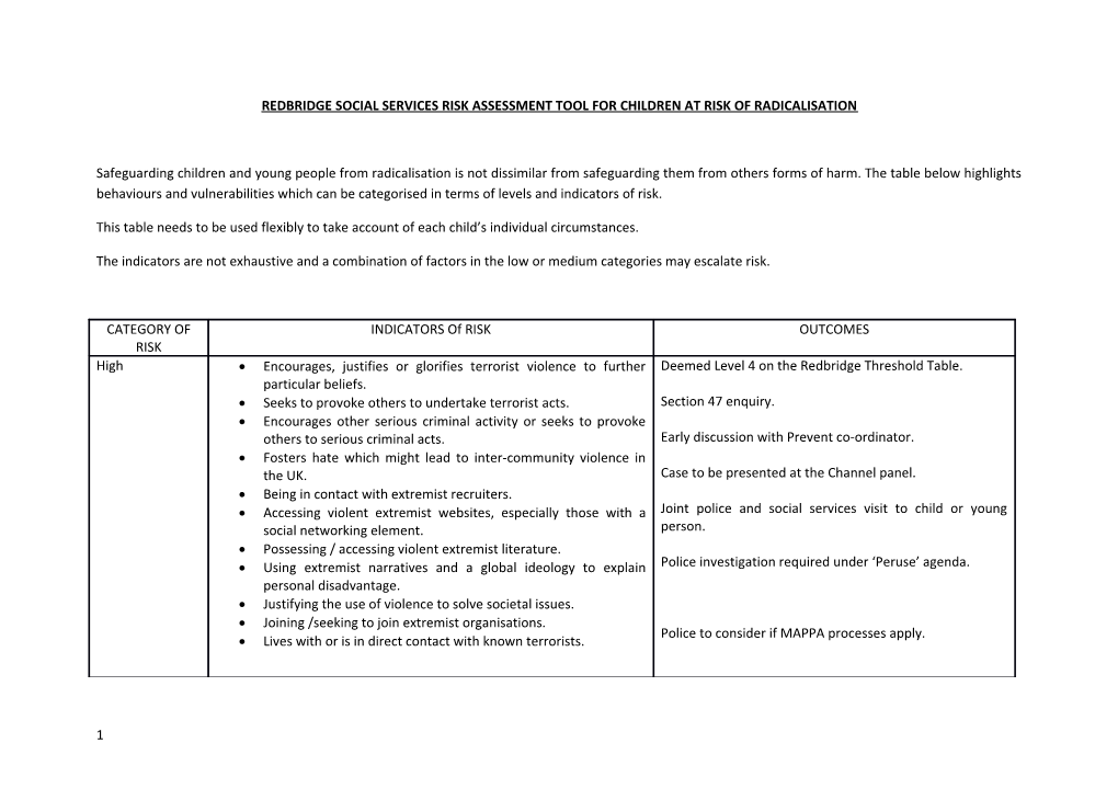 Redbridge Social Services Risk Assessment Tool for Children at Risk of Radicalisation