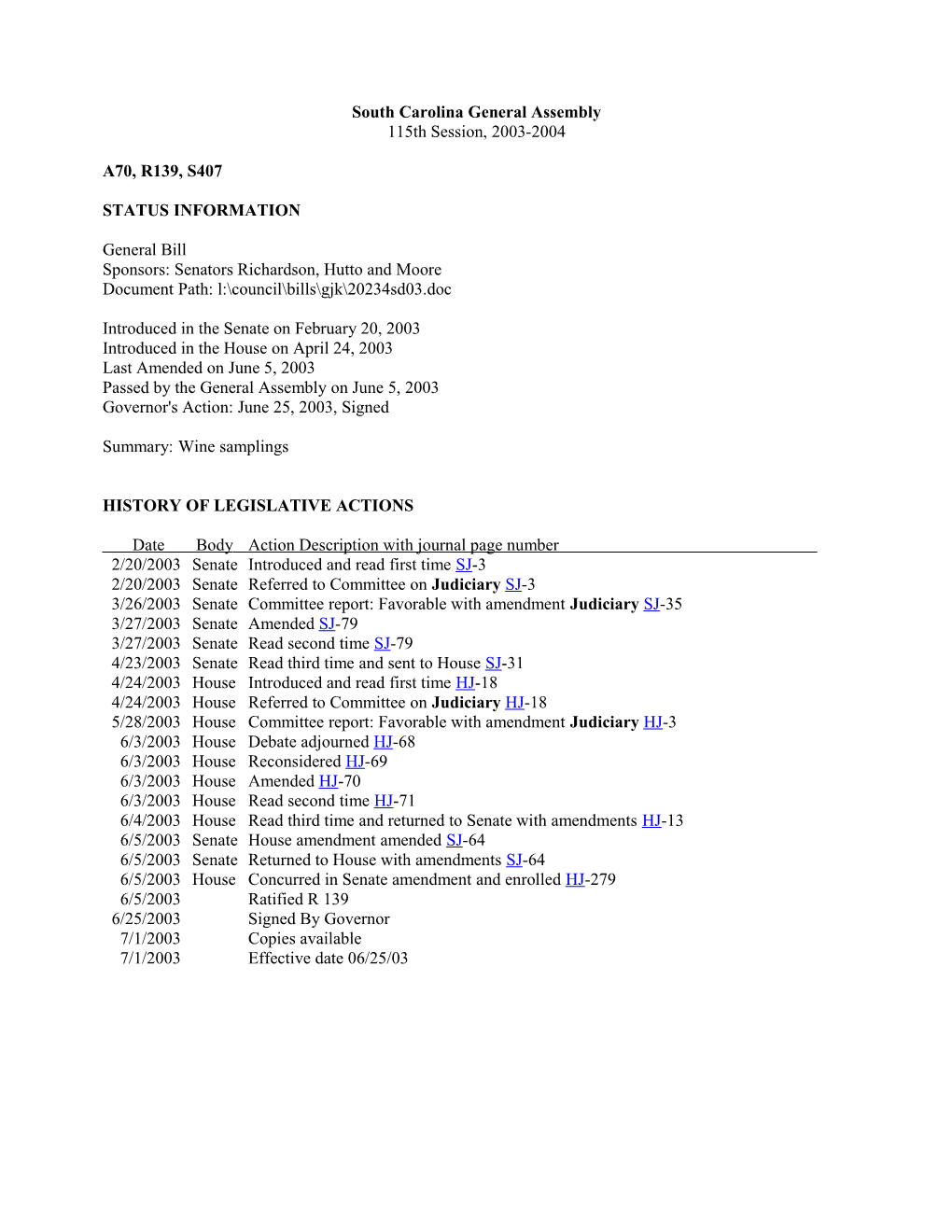 2003-2004 Bill 407: Wine Samplings - South Carolina Legislature Online