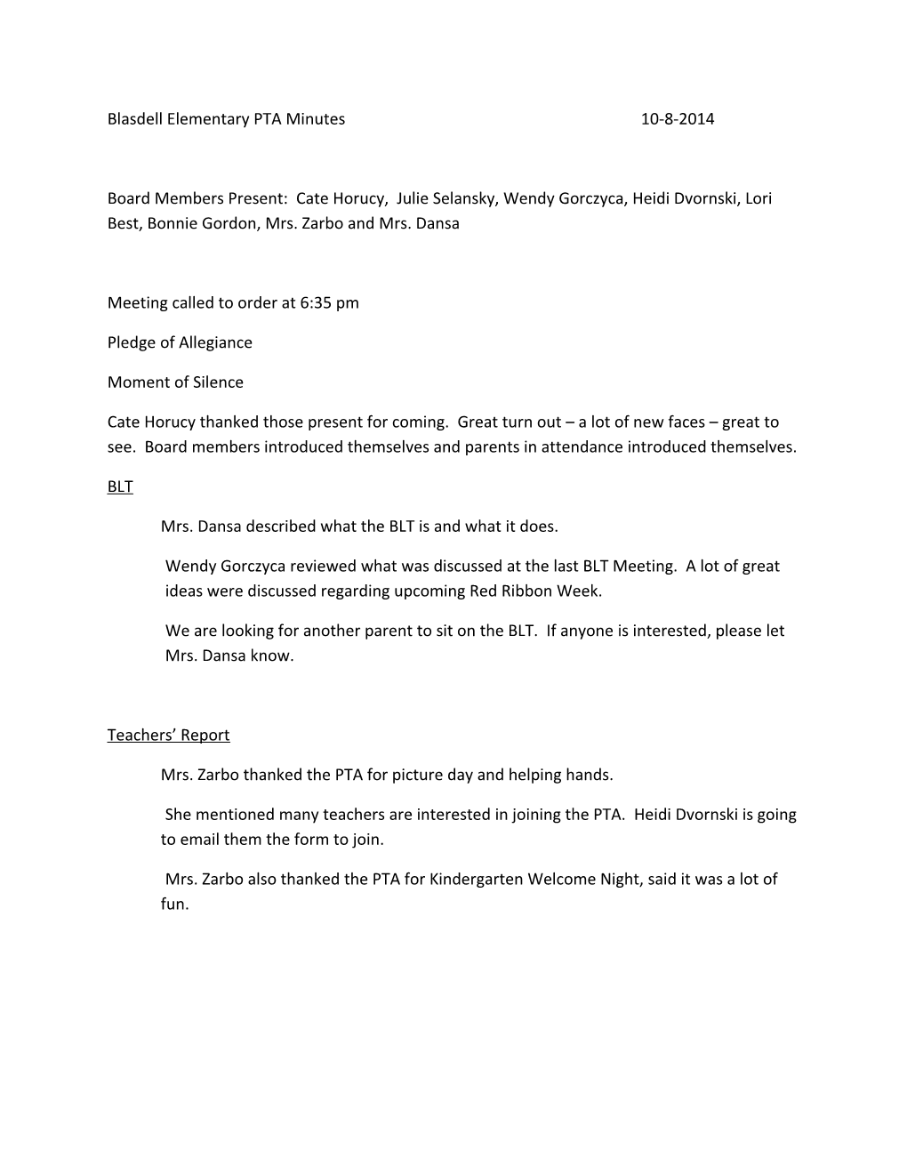 Blasdell Elementary PTA Minutes10-8-2014