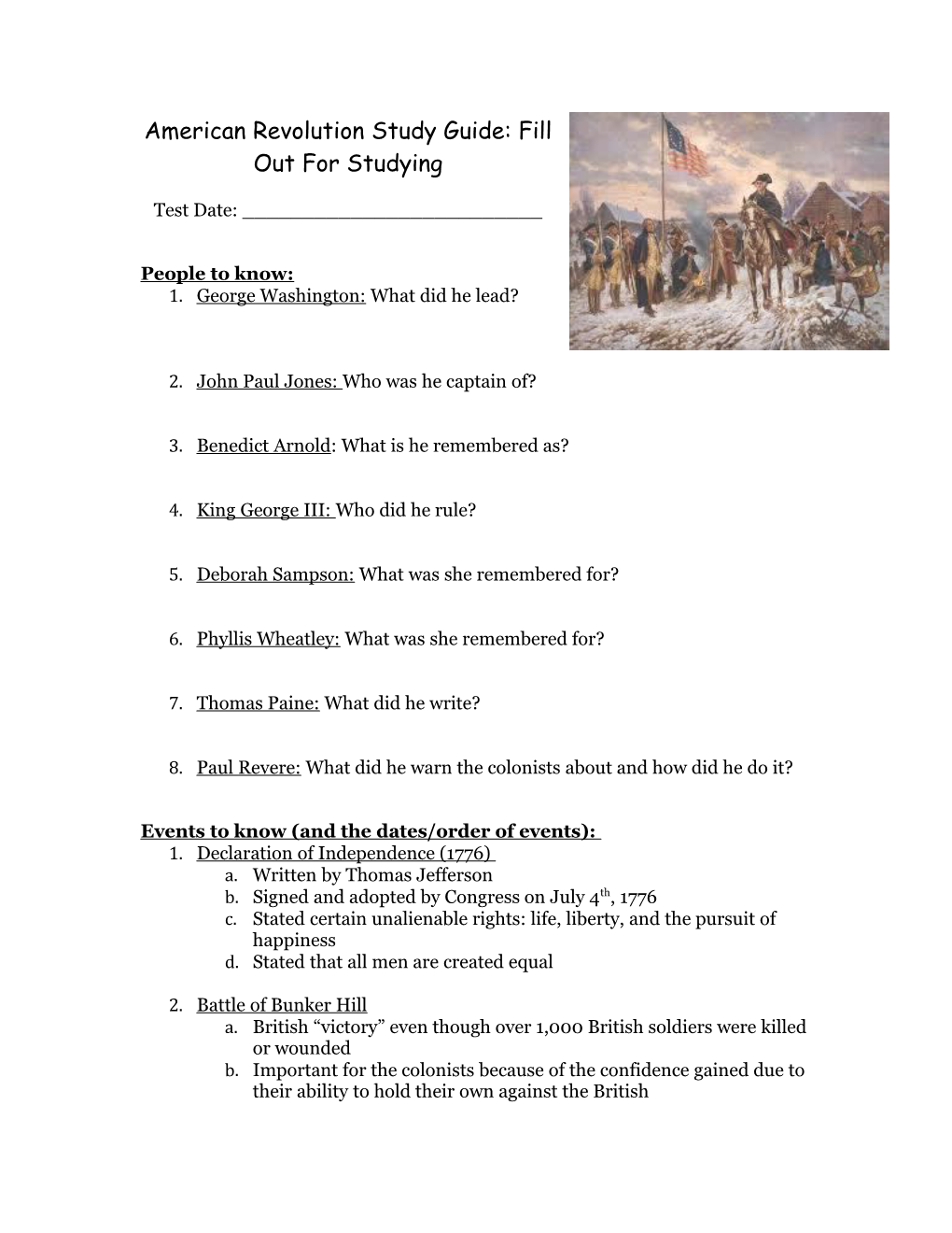 American Revolution Study Guide: Fill out for Studying