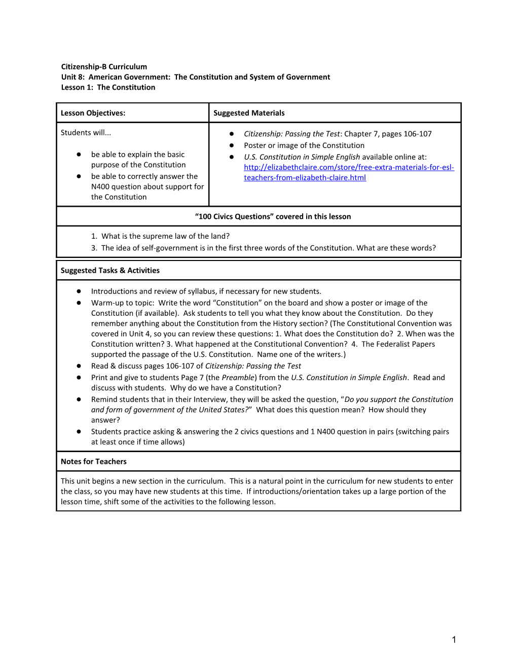 Unit 8: American Government: the Constitution and System of Government